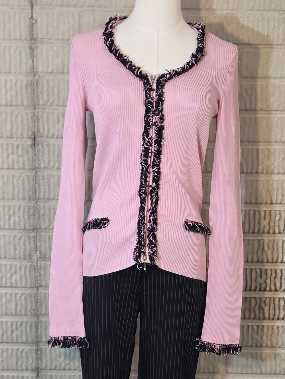 Vintage Caché Pink Black Ribbed Zip Up Cardigan